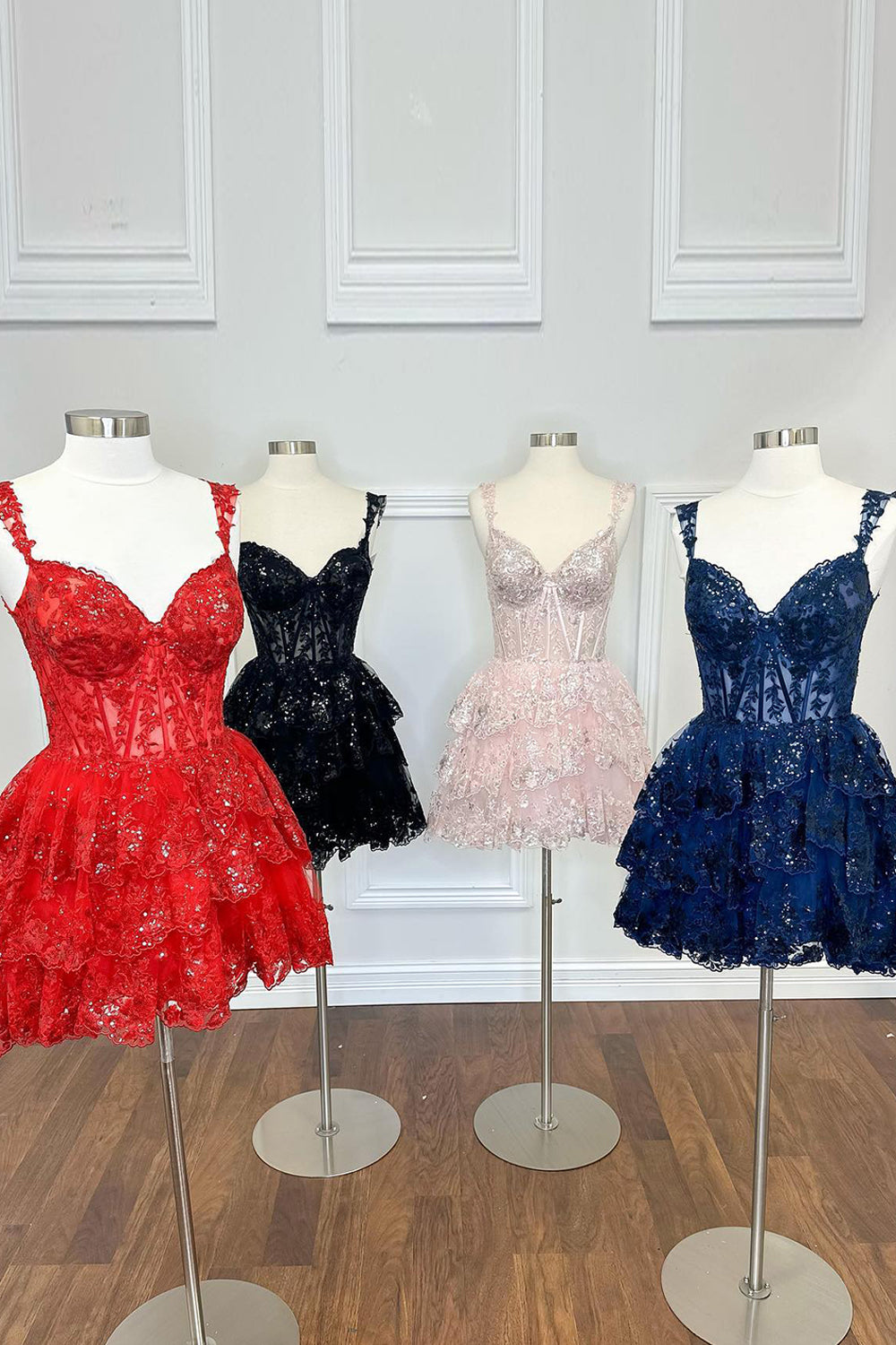 Glitter Fuchsia Homecoming Dresses Tiered A-Line Short Lace Prom Dress