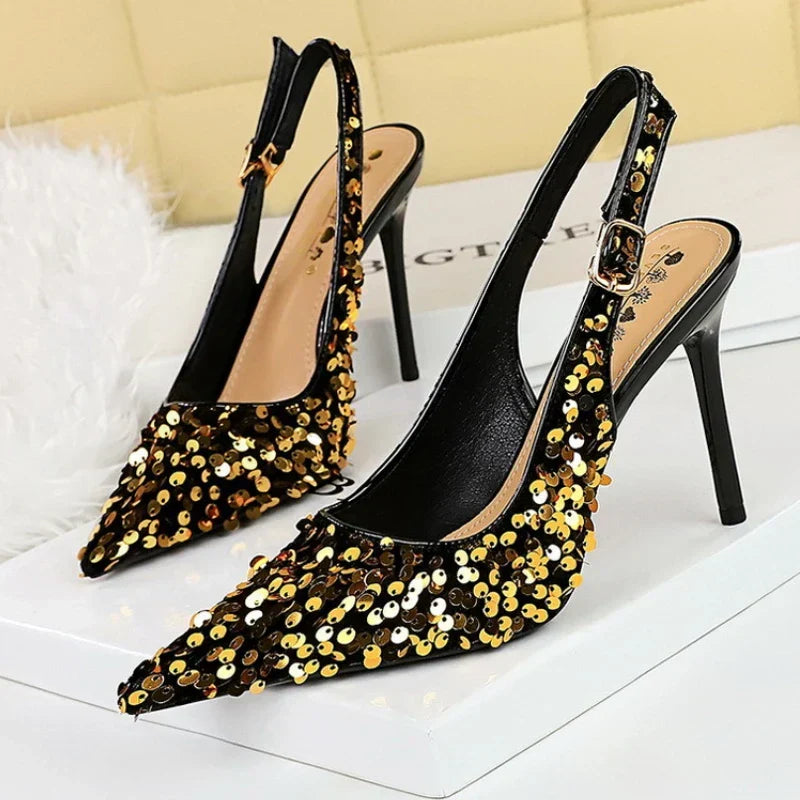 Glitter Luxury Pointed Toe Golden Thin Heels Party Dress High Heel - VelvetHem