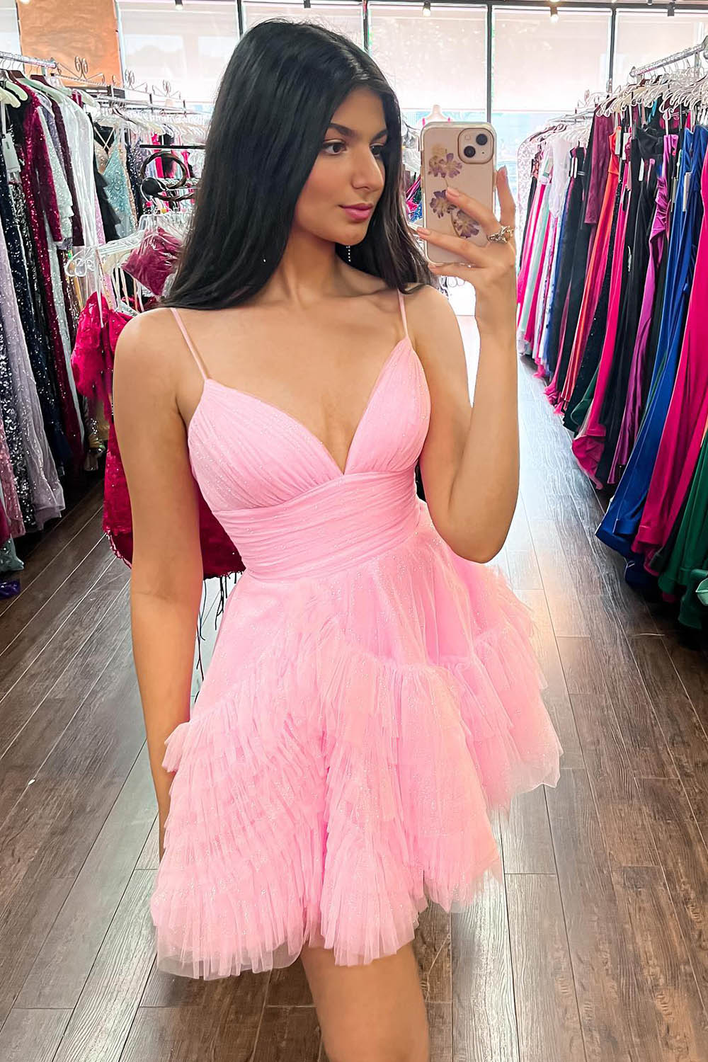 Glitter Pink Homecoming Dresses Tulle A-Line Short Ruffled Prom Dress