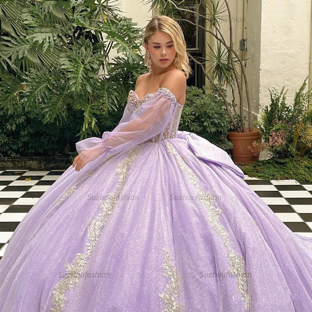 Glitter & Sparkly Ball Gown Strapless Long Sleeves Lace Appliques Beaded Bow Knot Lilac Tulle Princess Evening Party Gown Quinceanera Dress For Sweet 16