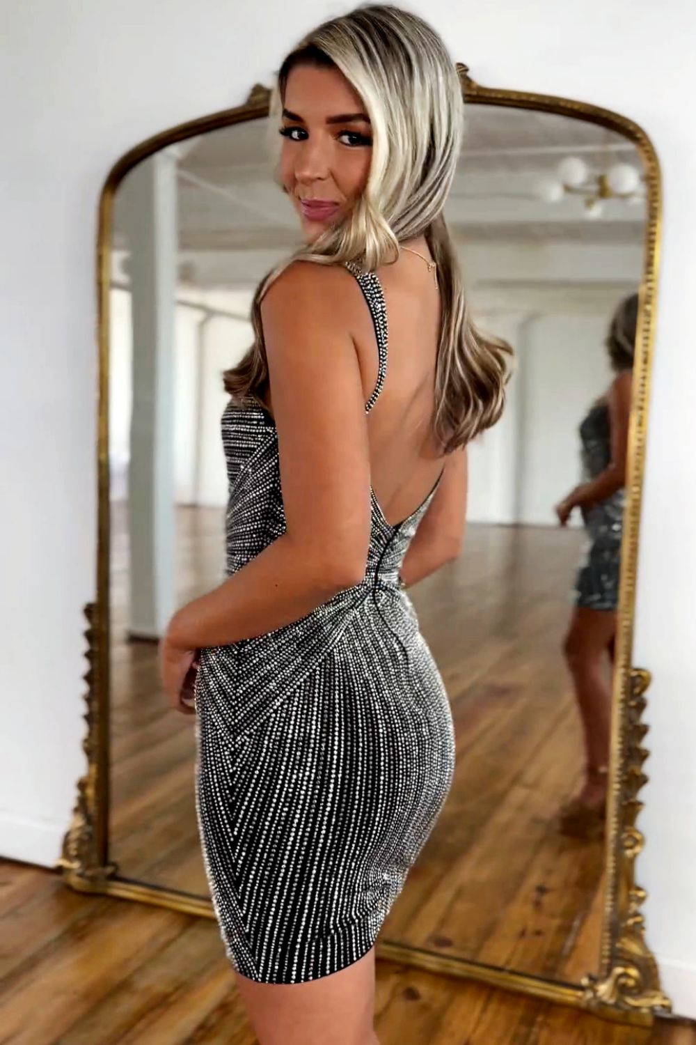 Glitter Black Bodycon Straps Short Tight Beaded Homecoming Dress - View 2 | VelvetHem