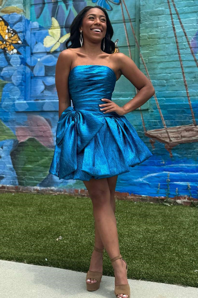 Glitter Pink A-Line Strapless Short Pleaded Homecoming Dress With Bowknot - View 5 | VelvetHem