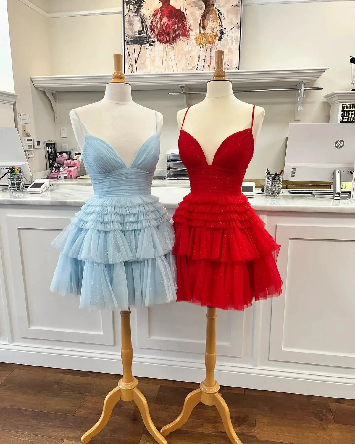 Straps Sparkly Tulle Homecoming Dress with Tiered Ruffle Skirt SYH91 by vivymakudress