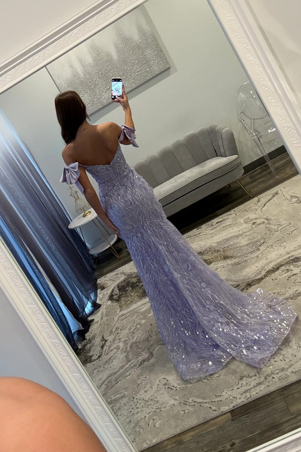 Charming Mermaid Off the Shoulder Lavender Long Prom Dress with Sequined Lace - View 2 | VelvetHem