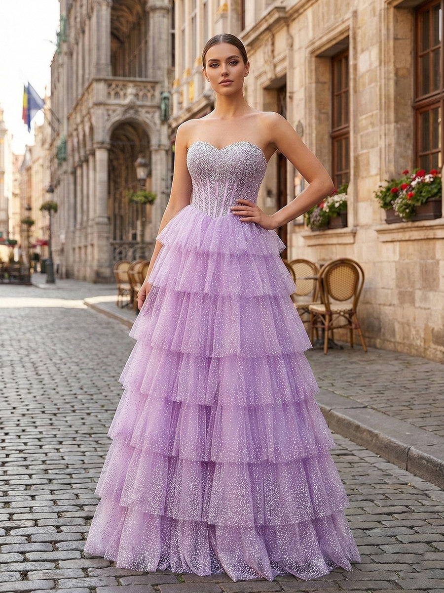 Glitter Lavender Strapless Beaded Corset Tiered Prom Dress - VelvetHem