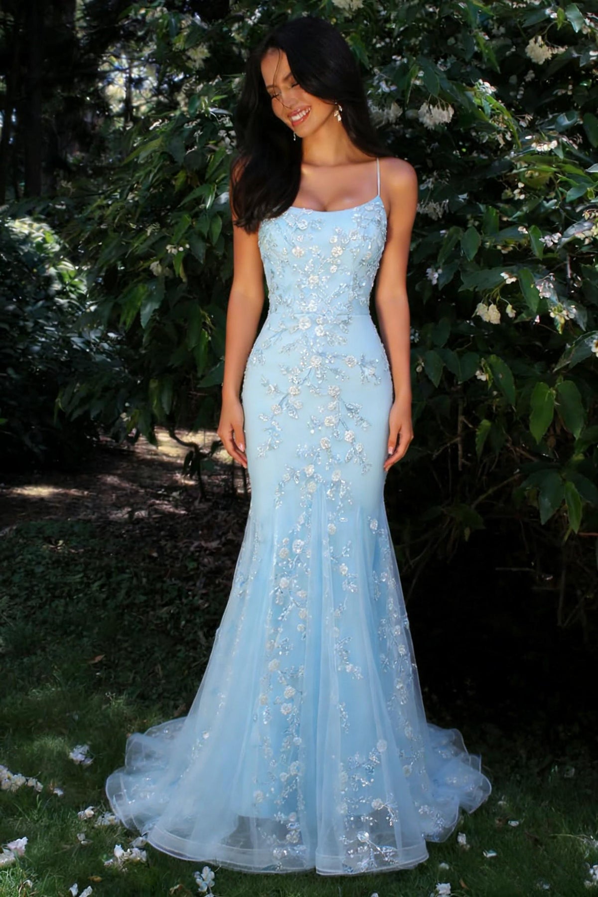 Gorgeous Mermaid Spaghetti Straps Light Blue Long Prom Dress with Appliques - VelvetHem