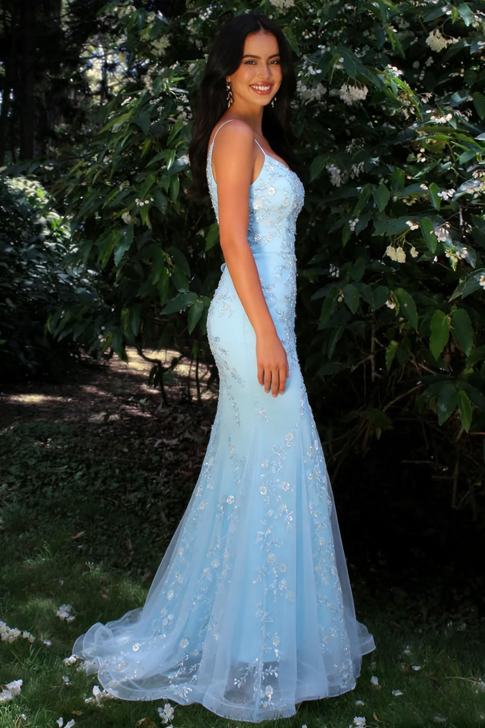 Gorgeous Mermaid Spaghetti Straps Light Blue Long Prom Dress with Appliques - View 3 | VelvetHem
