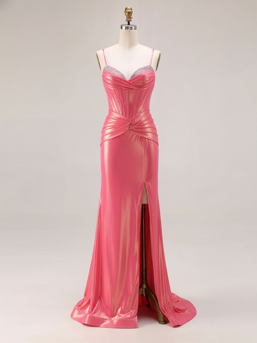 Glitter Mermaid Pleated Corset Long Prom Dress with Slit - VelvetHem