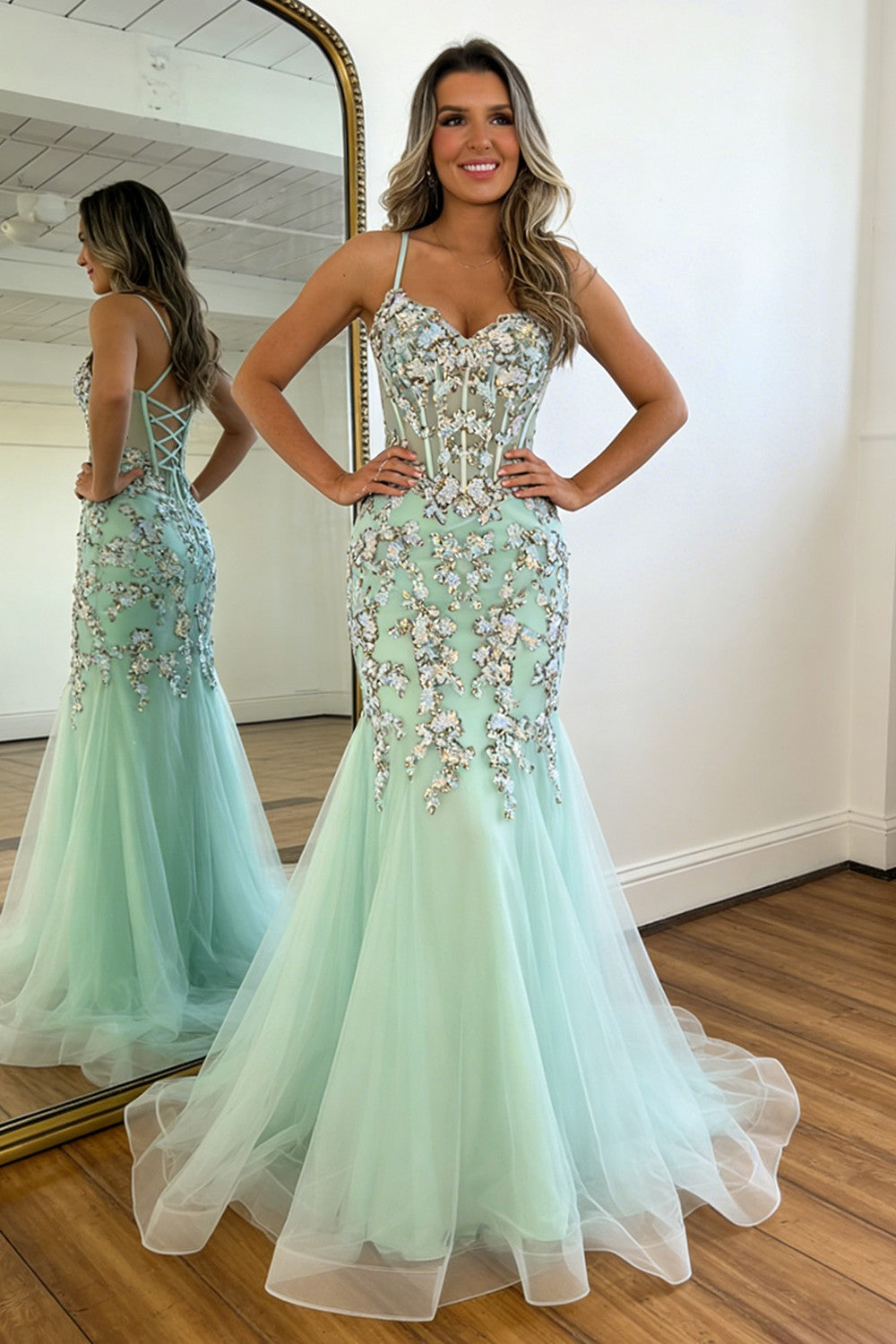Glitter Mermaid Sequin Mint Green Spaghetti Straps Corset Prom Dress with Tulle Skirt