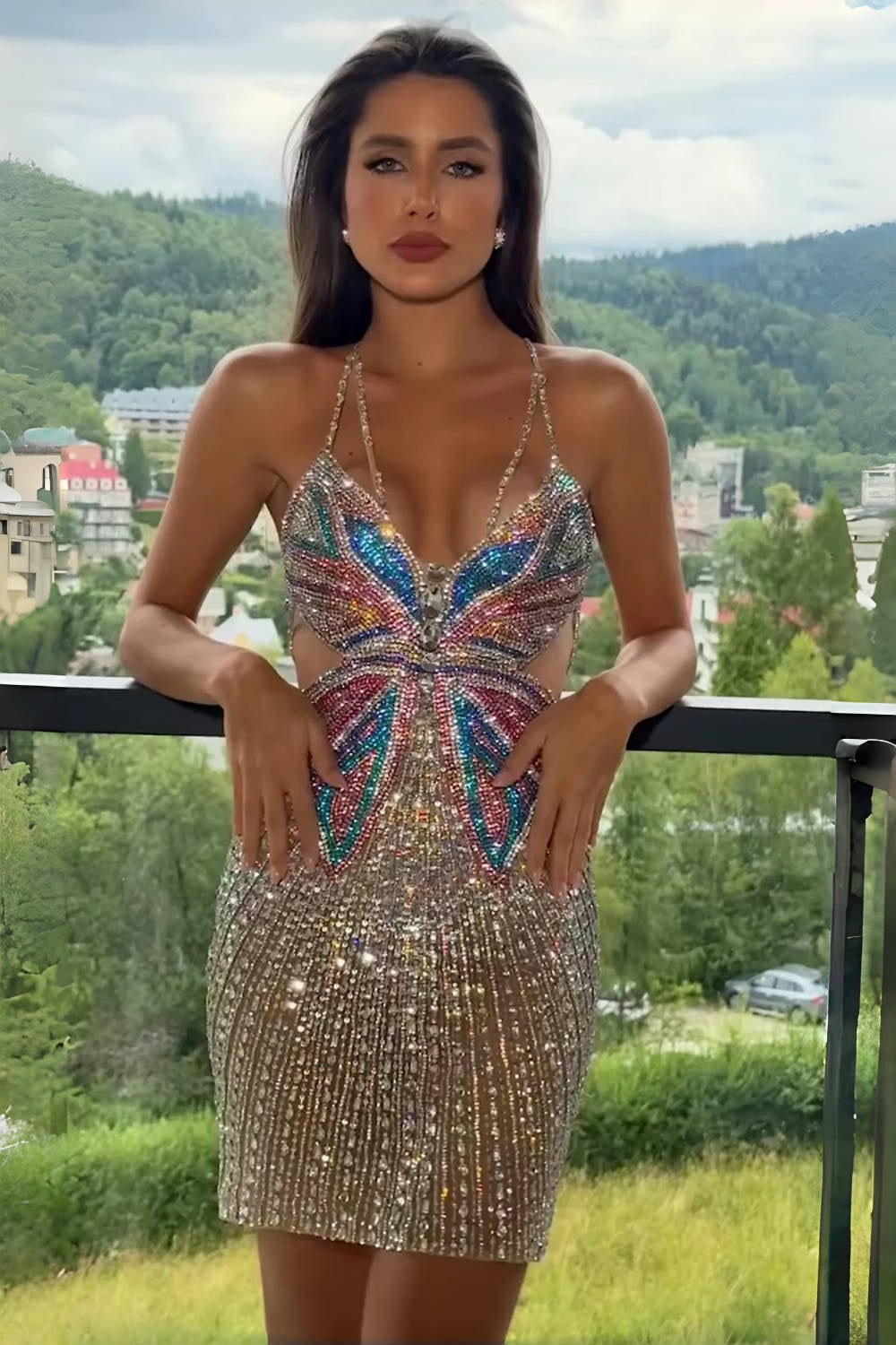 Glittering Butterfly Rhinestone Bodycon Homecoming Dress with Cutout Sides - VelvetHem