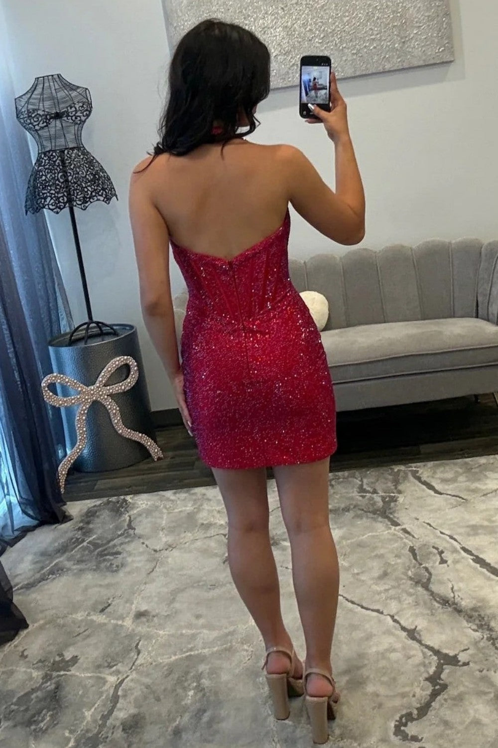 Sparkly Bodycon Halter Neck Light Pink Corset Homecoming Dress with Beading