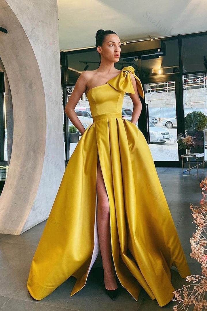 Glorious One Shoulder Yellow Evening Prom Dresses Split Long With Pockets