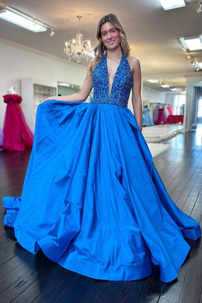 Goegeous Blue A-Line Deep V-Neck Long Satin Prom Dress with Sequin - VelvetHem