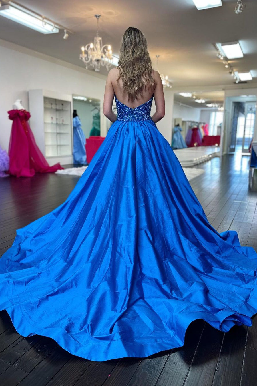 Goegeous Blue A-Line Deep V-Neck Long Satin Prom Dress with Sequin - View 2 | VelvetHem