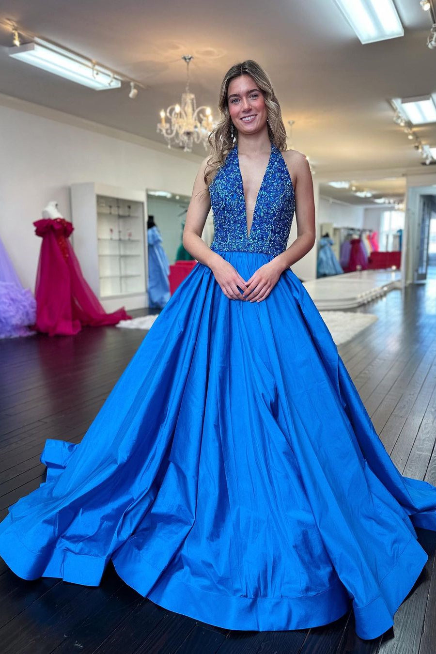 Goegeous Blue A-Line Deep V-Neck Long Satin Prom Dress with Sequin - View 3 | VelvetHem