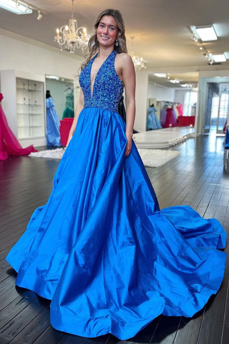 Goegeous Blue A-Line Deep V-Neck Long Satin Prom Dress with Sequin - View 4 | VelvetHem