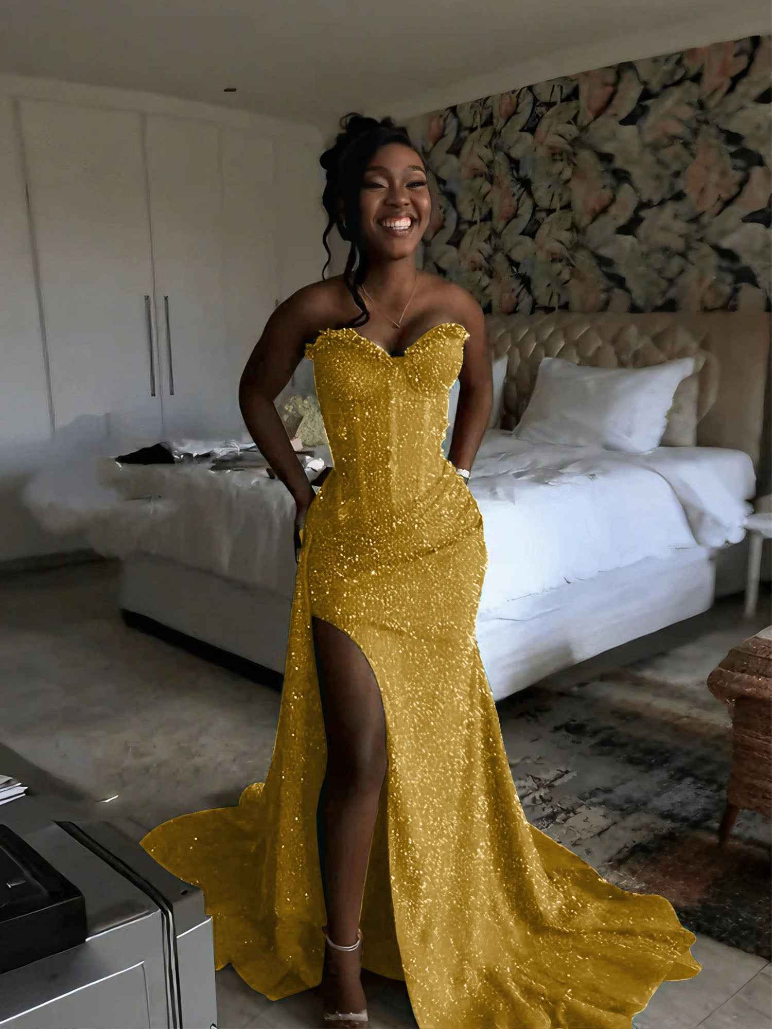 Glitter Strapless Mermaid Sequined Long Prom Dress with Slit (ZD17399)