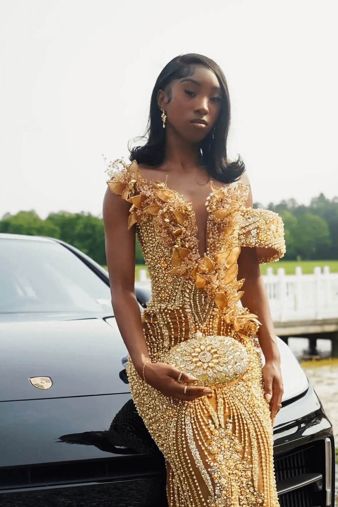 Gold Mermaid Beaded Prom Dress Tulle Formal Evening Dress with 3D Flowers