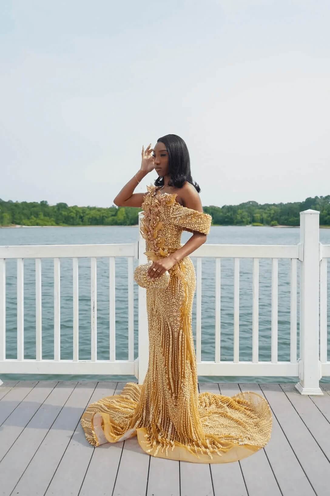 Gold Mermaid Beaded Prom Dress Tulle Formal Evening Dress with 3D Flowers
