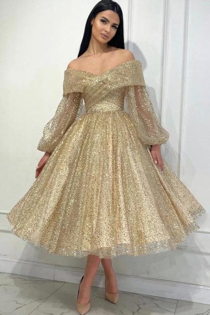 Gold Prom Dress A Line Off The Shoulder Sequined Formal Dress With Sleeves
