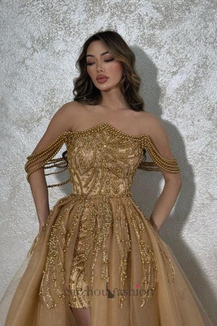 Gold Prom Dress A Line Strapless Sleeveless Beaded Detachable Panel Train Tulle Formal Dress