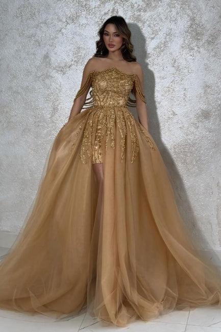 Gold Prom Dress A Line Strapless Sleeveless Beaded Detachable Panel Train Tulle Formal Dress