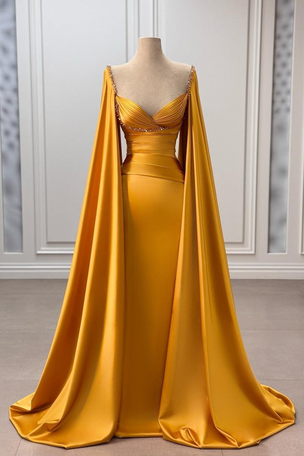 Gold Prom Dress Column V Neck Cap Sleeves Beaded Sweep Train Satin Formal Dress
