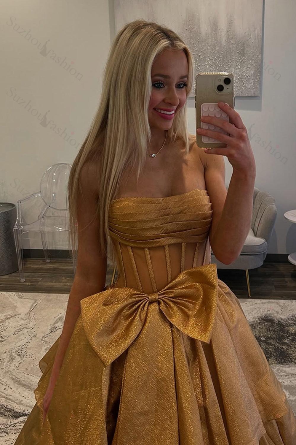 Gold Prom Dress Corset Ruffled Long Formal Dress With Bow