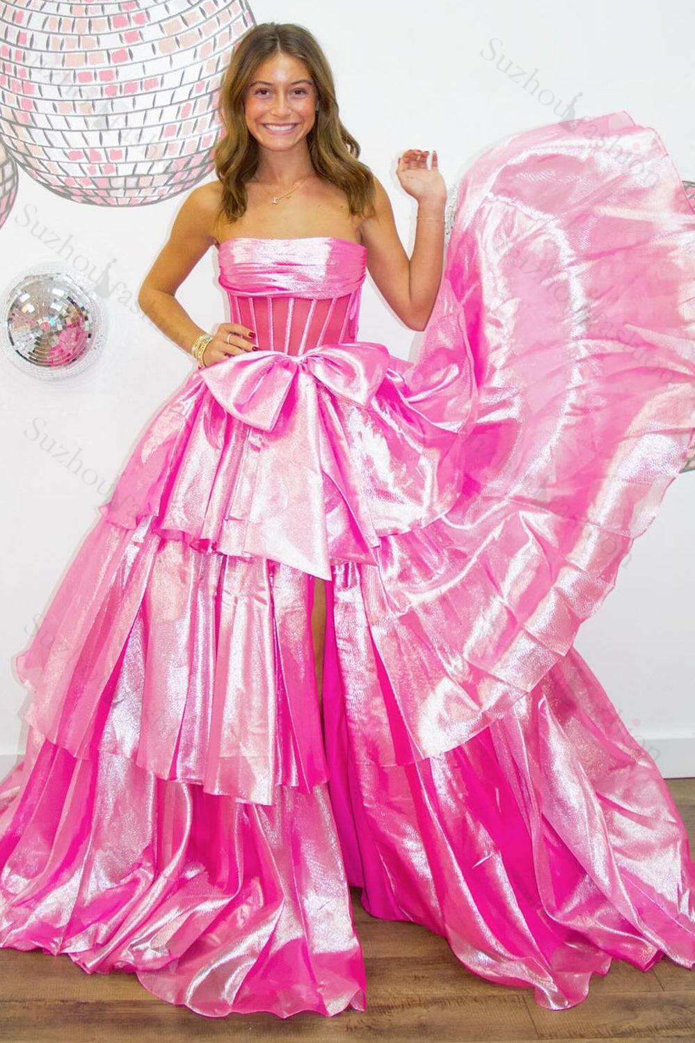 Gold Prom Dress Corset Ruffled Long Formal Dress With Bow