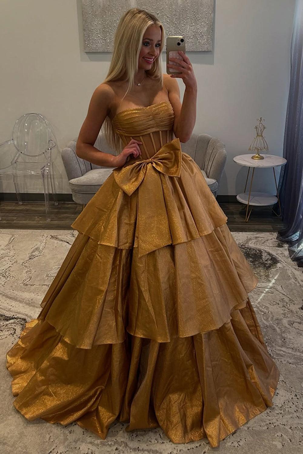 Gold Prom Dress Corset Ruffled Long Formal Dress With Bow