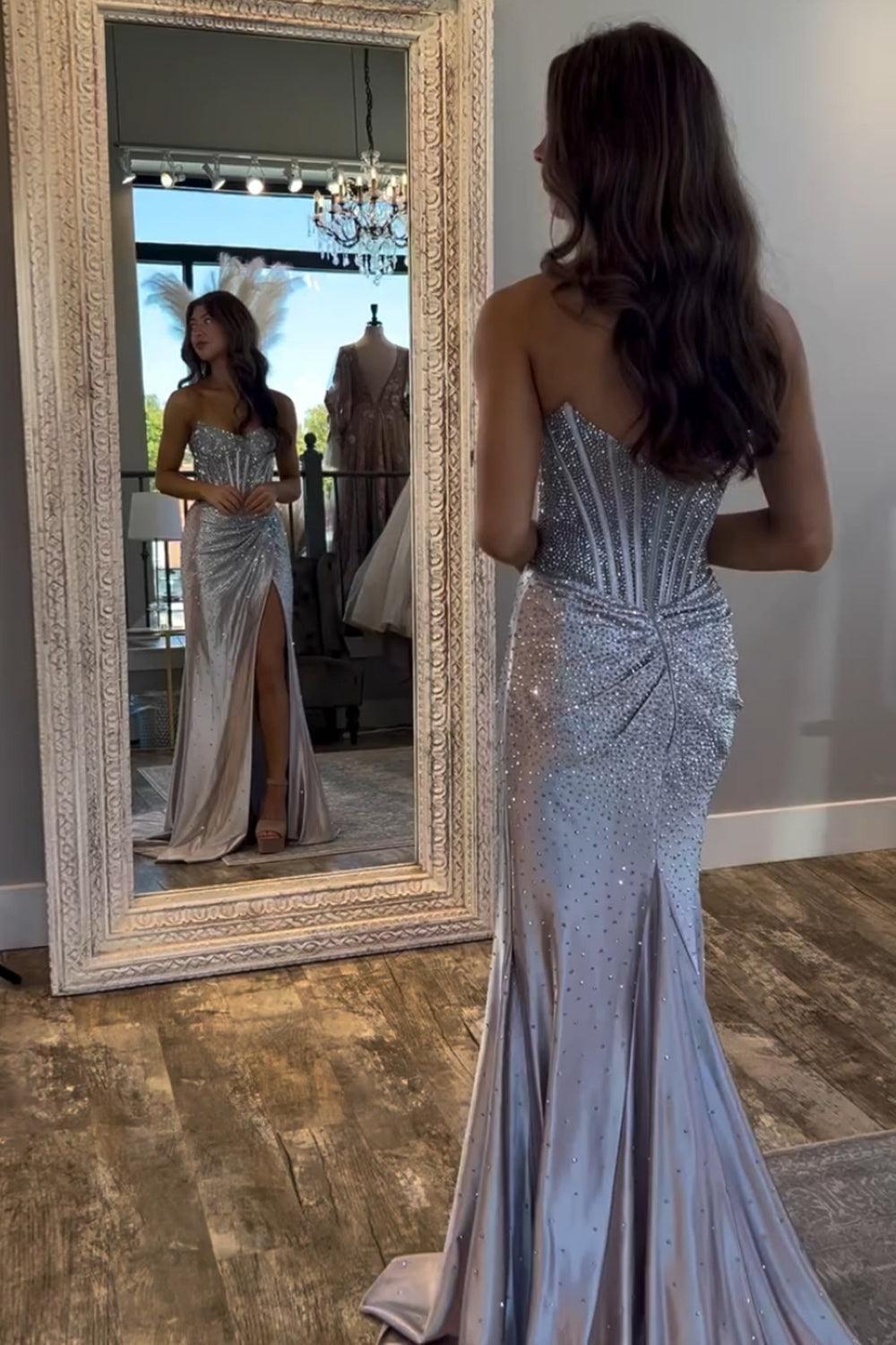 Gold Prom Dress Mermaid Corset Beaded Long Formal Dress With Slit