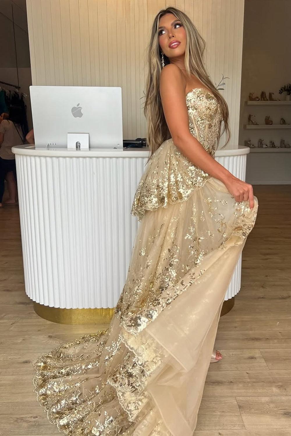 Suzhoufashion Gold Sequin Train Sweetheart A-Line Lace Long Prom Dress With Tiered Tulle Split Formal Evening Gown