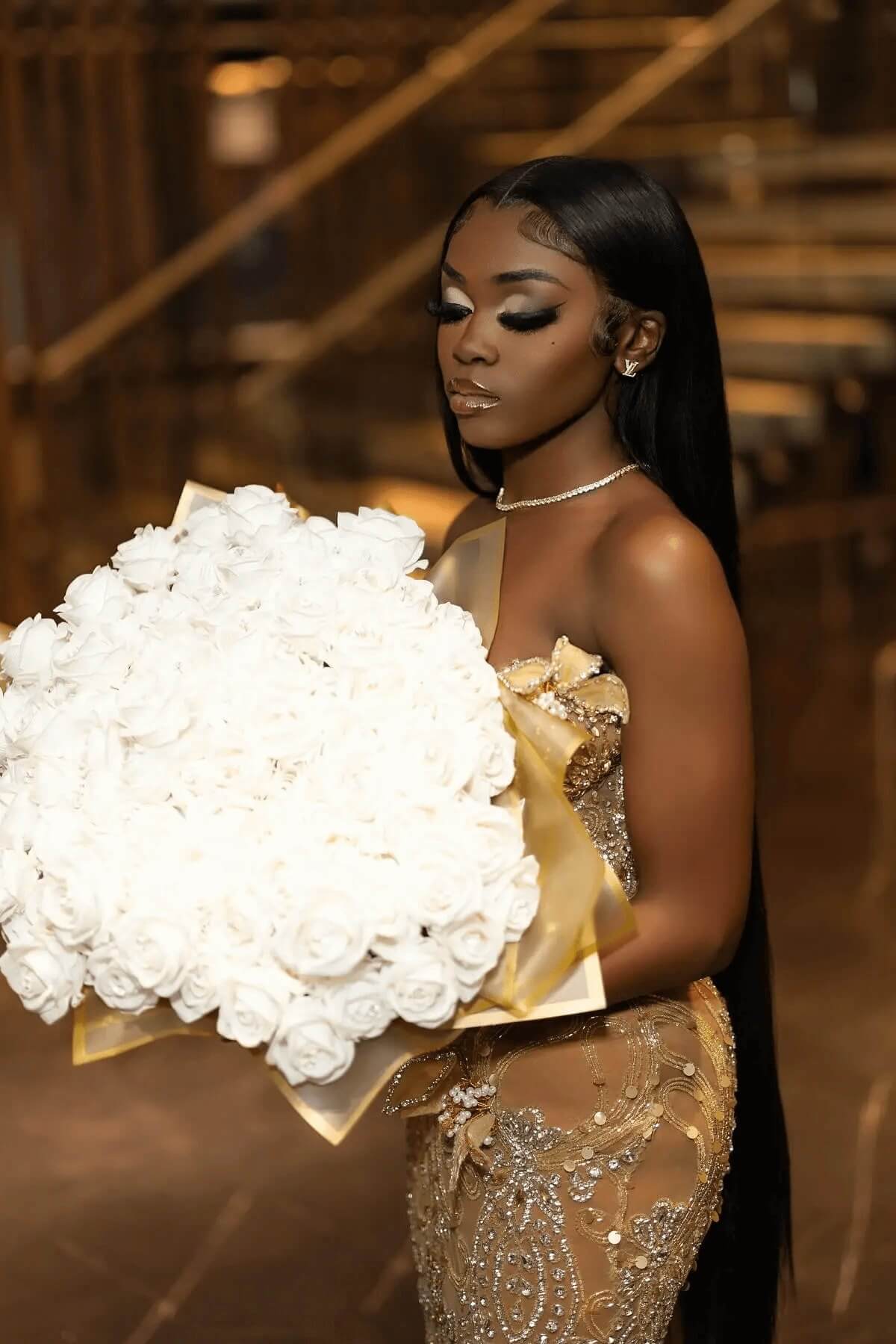 Gold Mermaid Prom Dress Beaded Sweetheart Tulle Formal Evening Dress with Slit and 3D Flowers