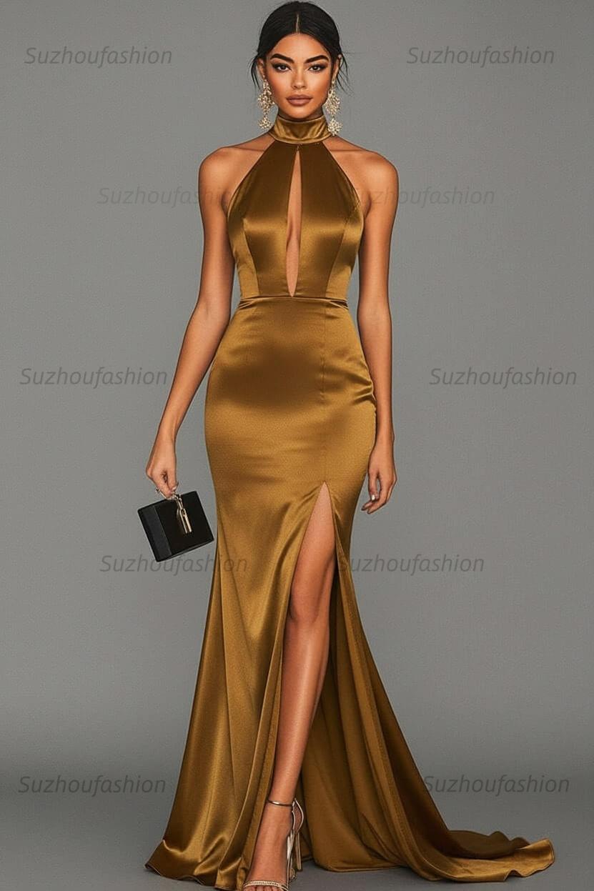 Satin Black Wedding Guest Dress Mermaid Halter Neck Formal Dress