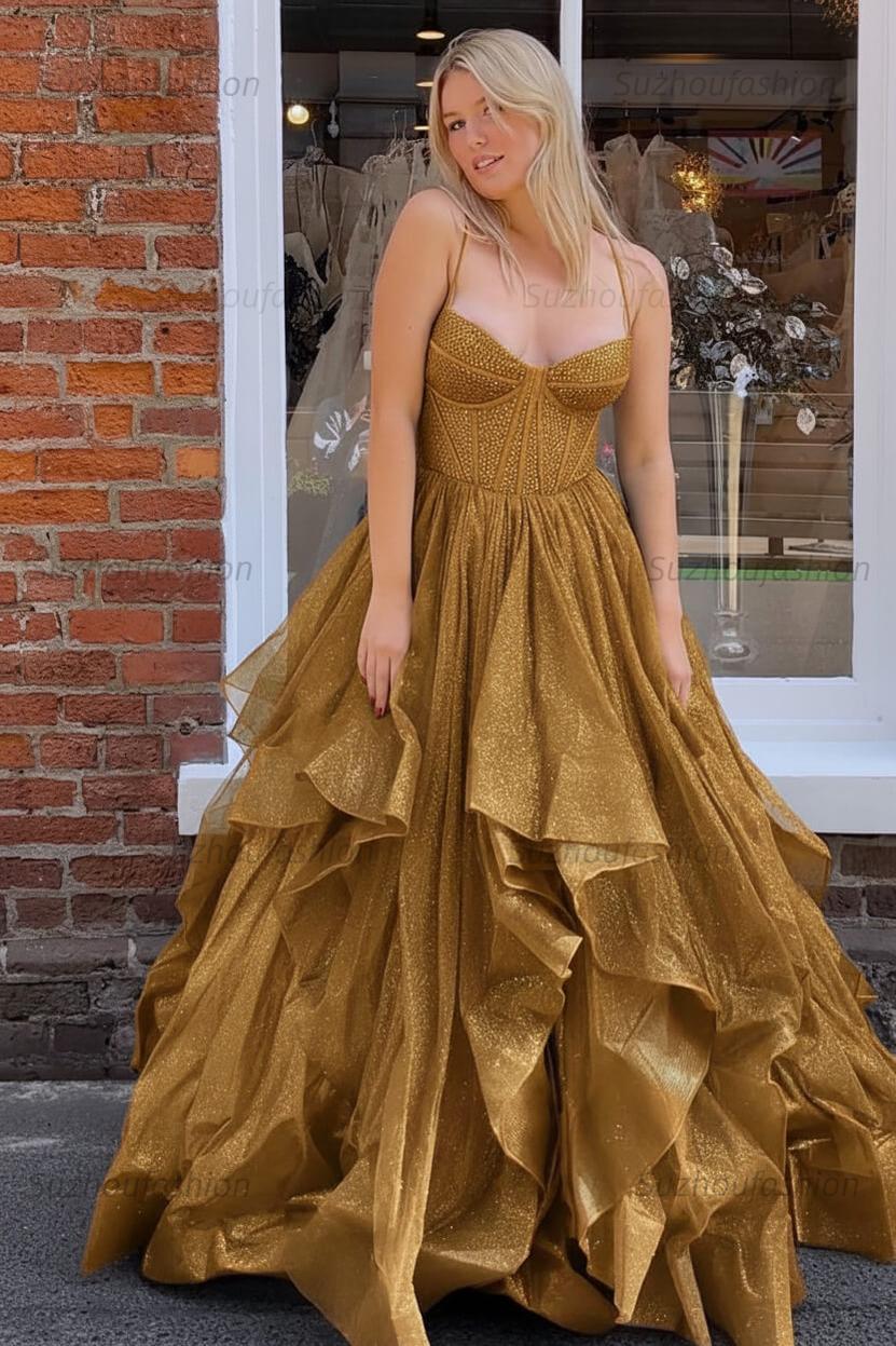 Dark Green A Line Long Corset Prom Dress With Ruffles