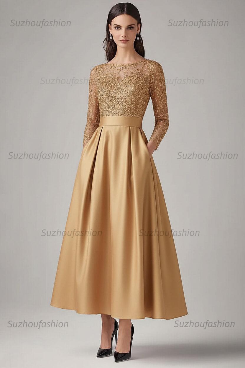 Navy Wedding Guest Dress Beaded A Line Long Sleeves Formal Dress With Lace