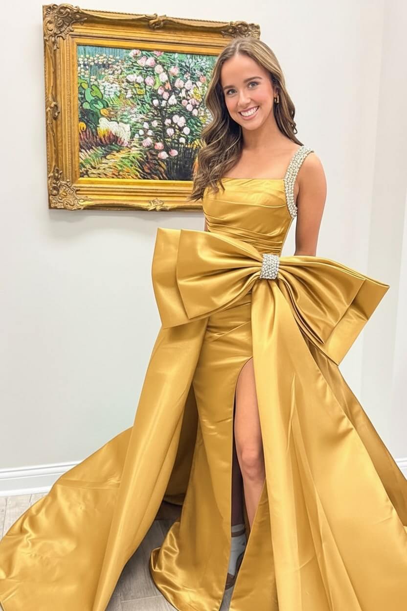 Green Prom Dress Satin Beaded A Line Long Pageant Dress With Bow