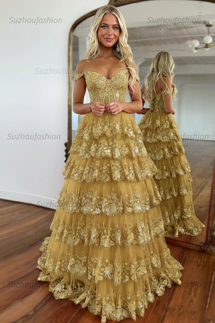 Glitter Hot Pink Corset Off the Shoulder Lace Long Prom Dress