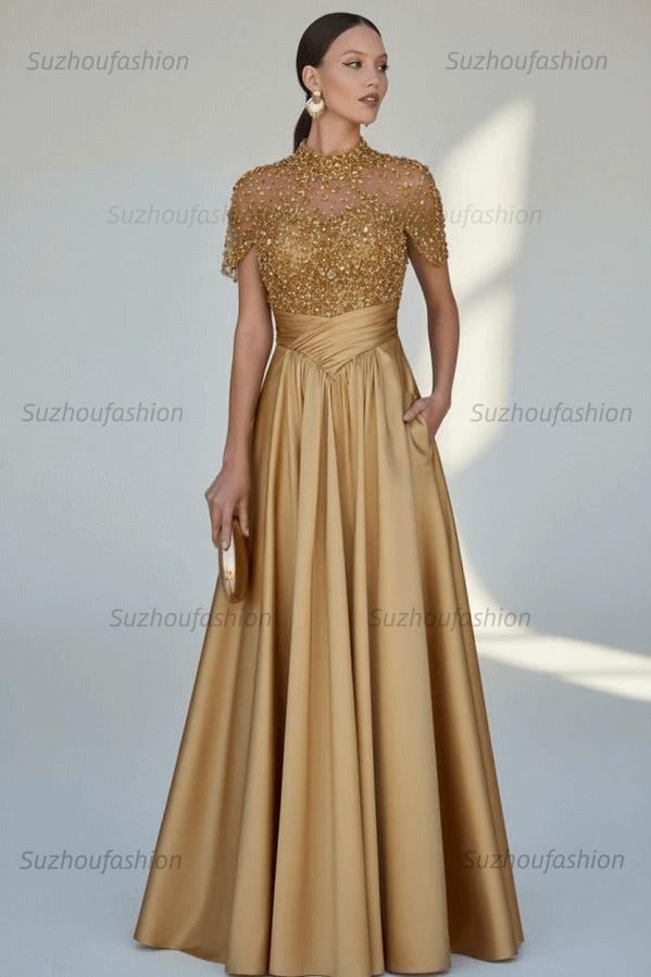 High Neck Short Sleeves Long Evening Formal Dress With Beading Pockets