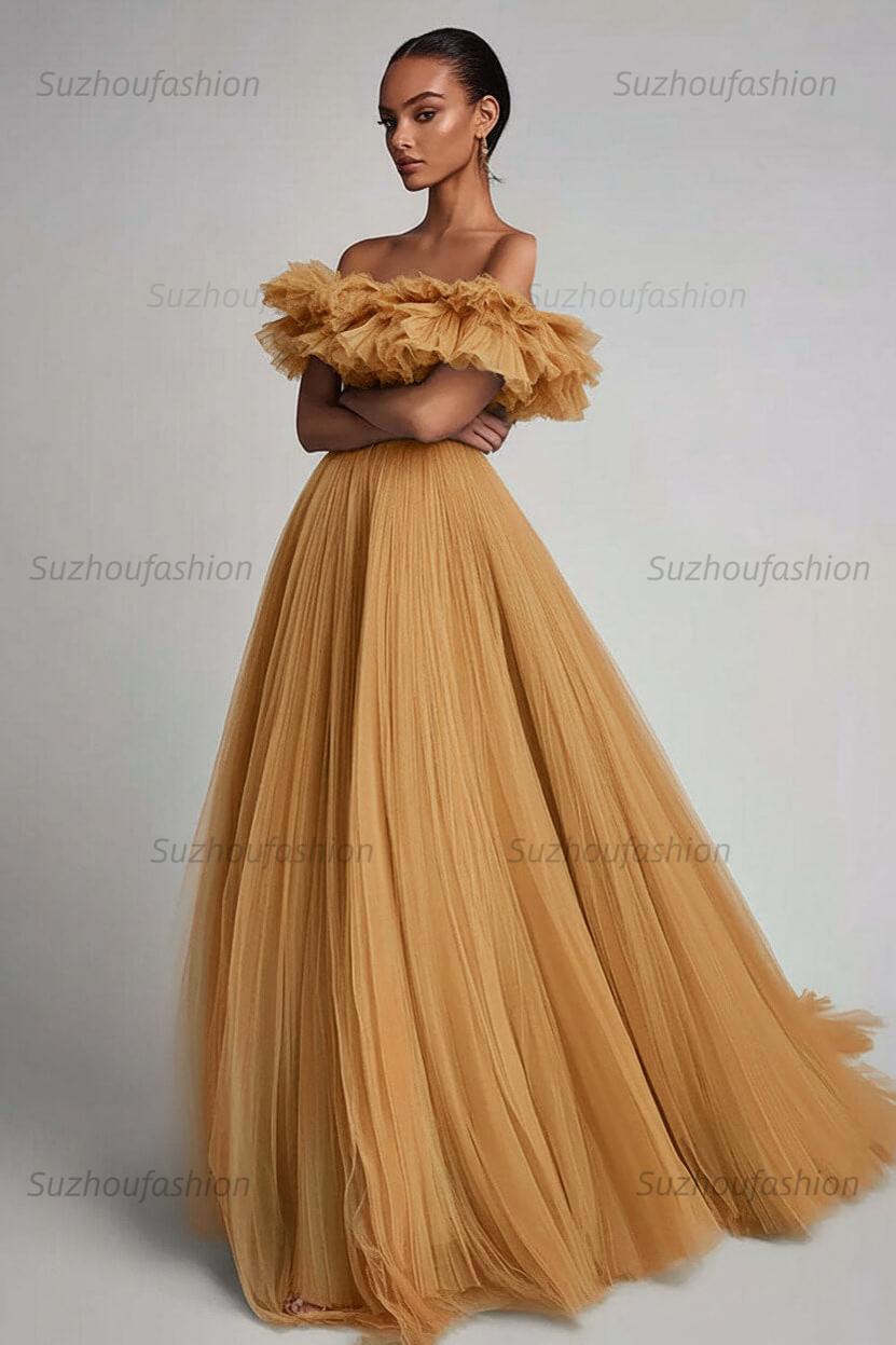 Dusty Sage Prom Dress Tulle A Line Long Formal Dress With Ruffles