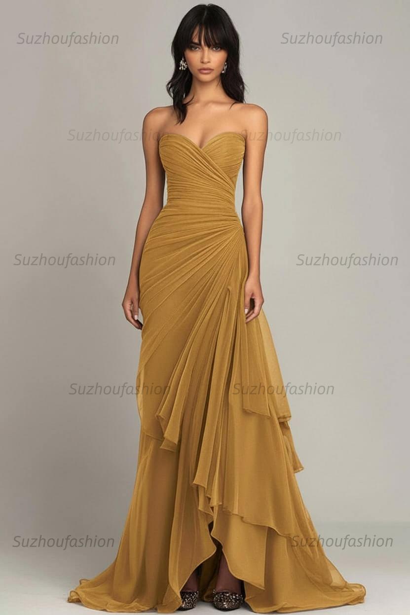 Elegant Sweetheart Ruched Dark Brown Long Formal Dress With Ruffles