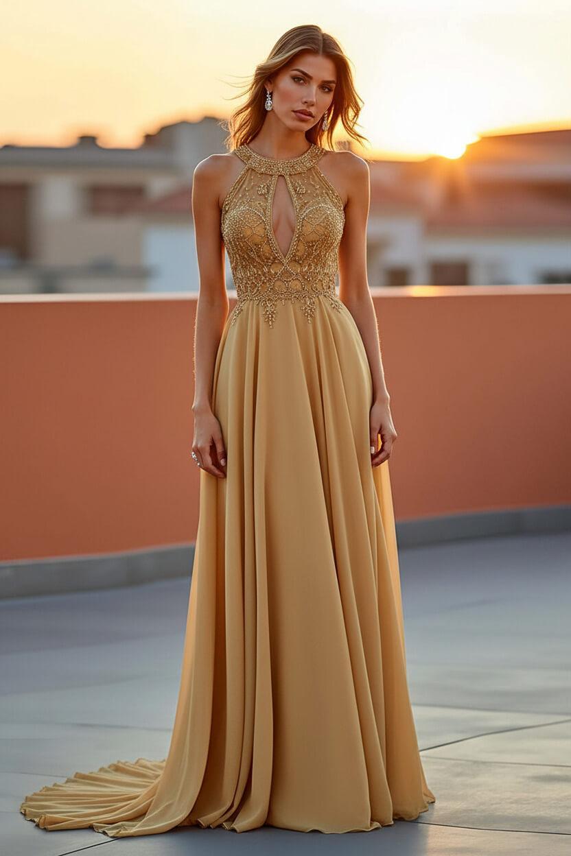 Beaded Navy Wedding Guest Dress Halter Long Formal Dress With Embroideries
