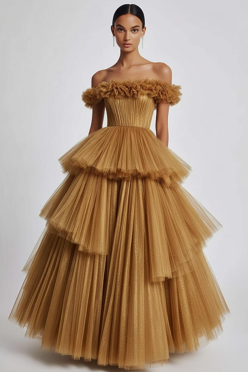 Dusty Sage Prom Dress Tulle Off The Shoulder Ball Gown Formal Dress With Ruffles