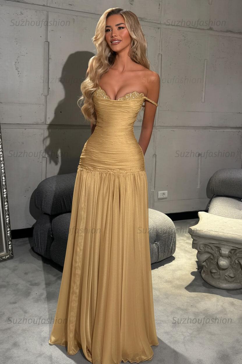 Off The Shoulder Prom Dress Sleeveless Pleated A Line Formal Evening Gown