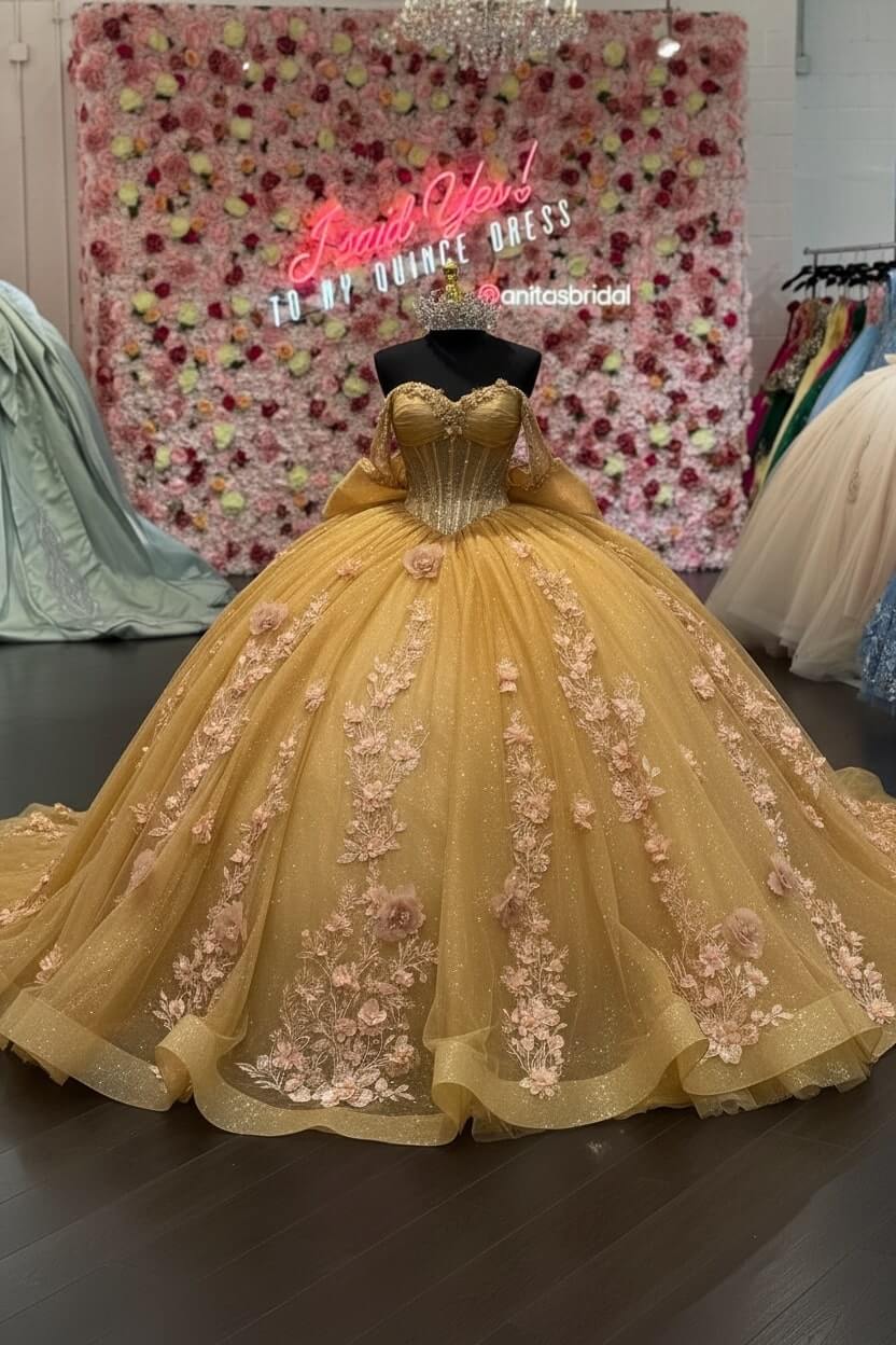 Ball Gown Off Shoulder Sleeveless Pleated 3D Flowers Applique Bow Knot Sparkly Pink Tulle Quinceanera Dress Birthday Party Dress Evening Formal Gown For Sweet 16