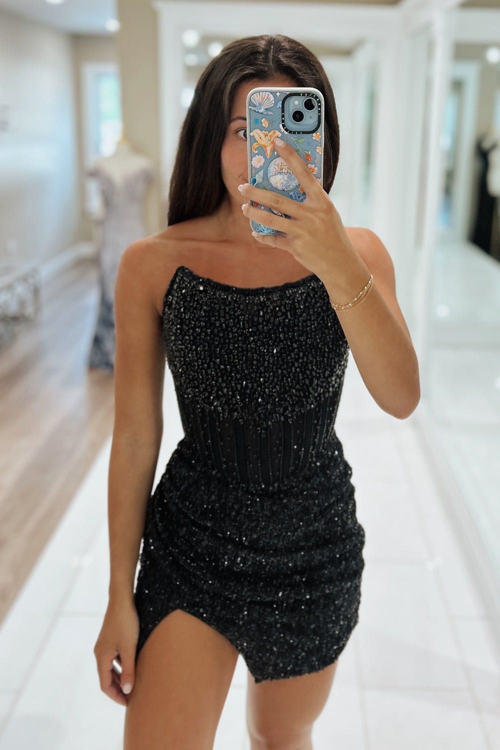 Golden Homecoming Dresses Corset Beaded Strapless Tight Short Cocktail Dresses
