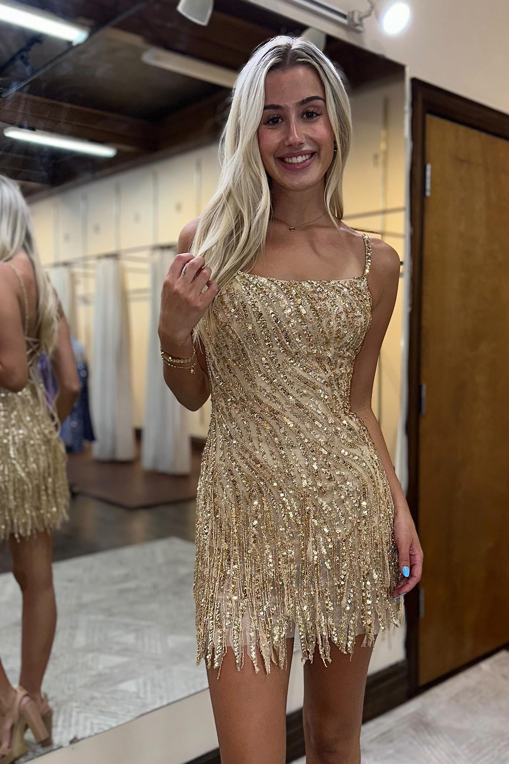 Golden Homecoming Dresses Spaghetti Straps Beaded Fringed Tight Short Hoco Dress