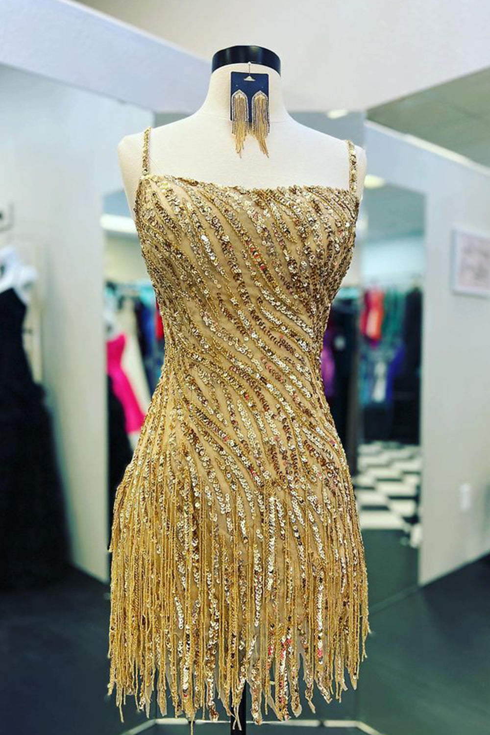 Golden Homecoming Dresses Spaghetti Straps Sequin Tight Short Hoco Dress with Fringes
