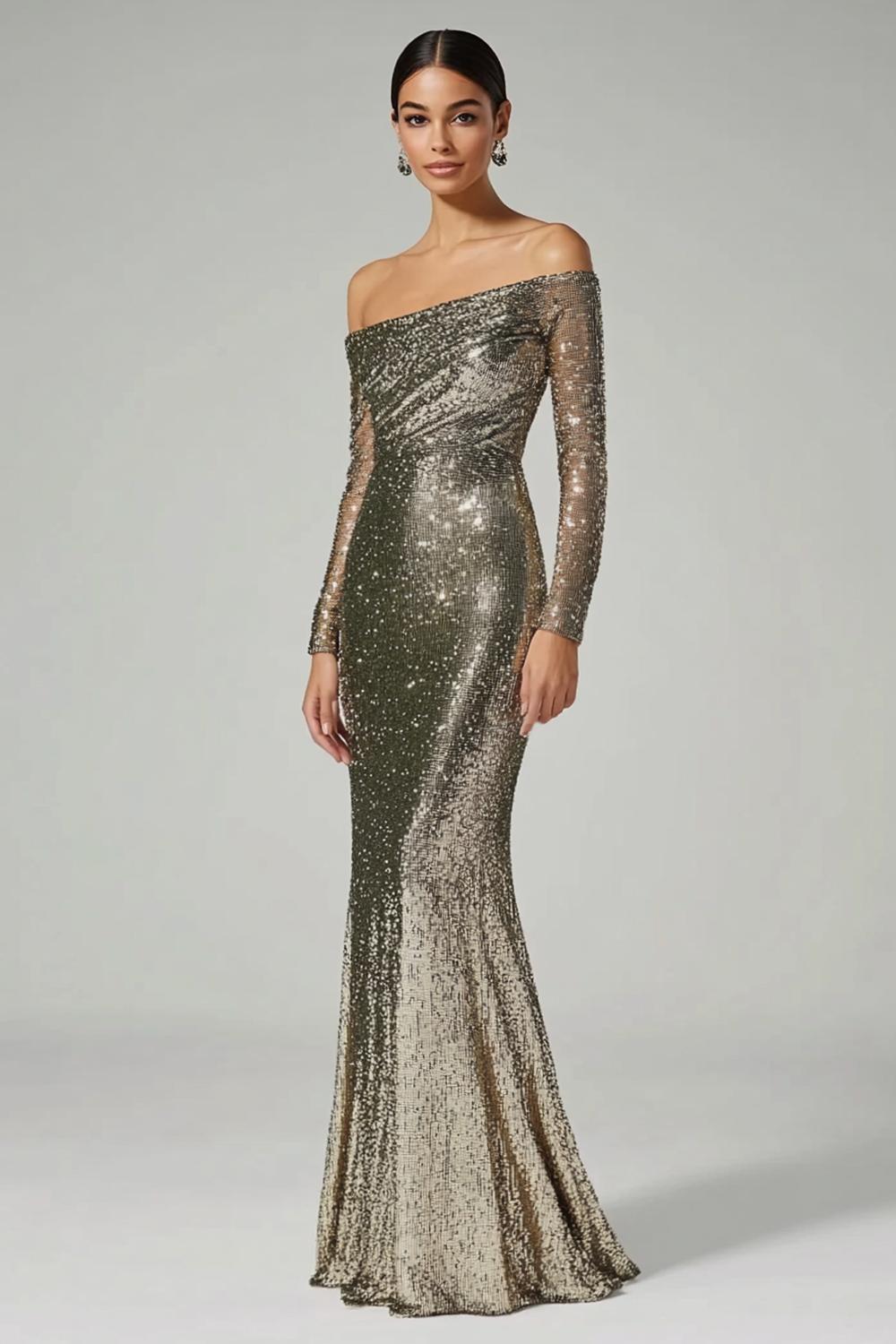 Golden Sheath Off The Shoulder Sequin Long Formal Dress