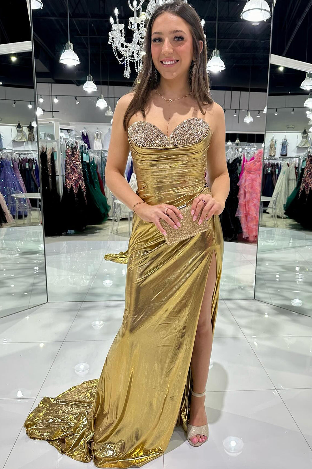 Silver Mermaid Sweetheart Long Metallic Prom Dress with Beading - View 5 | VelvetHem